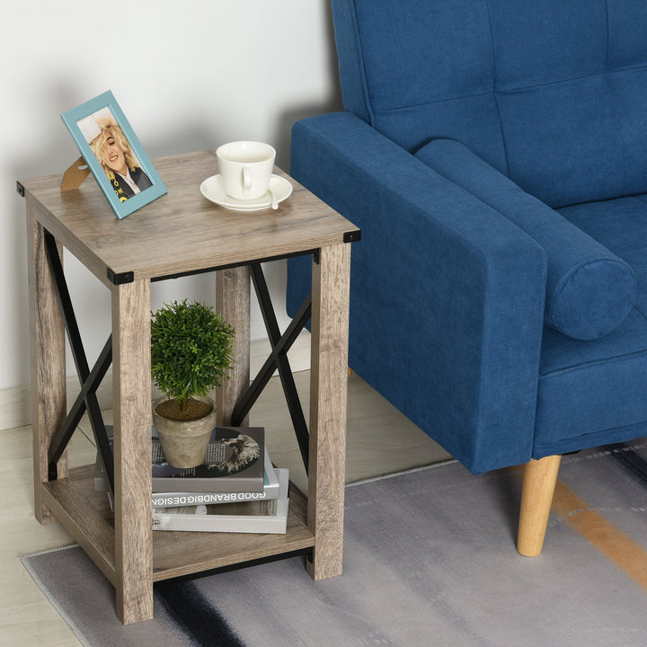Mesa lateral de estilo colonial com prateleira inferior de armazenamento multifuncional Moldura em formato de X 40,5x40,5x60 cm Carvalho