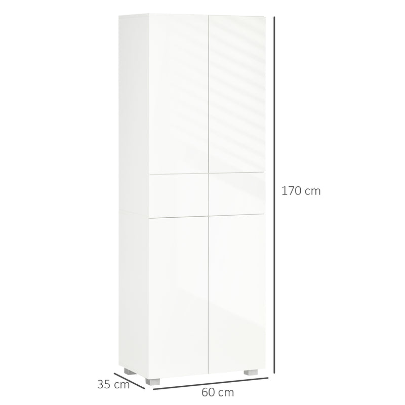 Armário de Cozinha Móvel Auxiliar de Cozinha com 4 Portas 2 Gavetas e Prateleiras Ajustáveis para Sala de Jantar Sala de Estar Estilo Moderno Anti-Tombo 60x35x170cm Branco