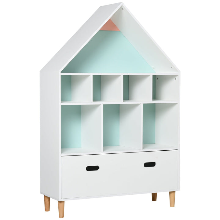 Estante de Madeira Infantil em Forma de Casa Estante para Crianças com 8 Compartimentos Abertos e Gaveta de 2 Cores 82x30x126cm Branco