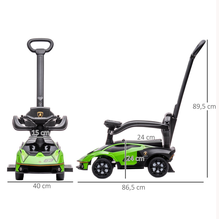 2 em 1 Carro Andador para Crianças 12-36 Meses Lamborghini Essenza SCV2 Carro Andador com Buzina Guiador e Grade de Segurança Removível 86,5x40x89,5cm Verde e Preto