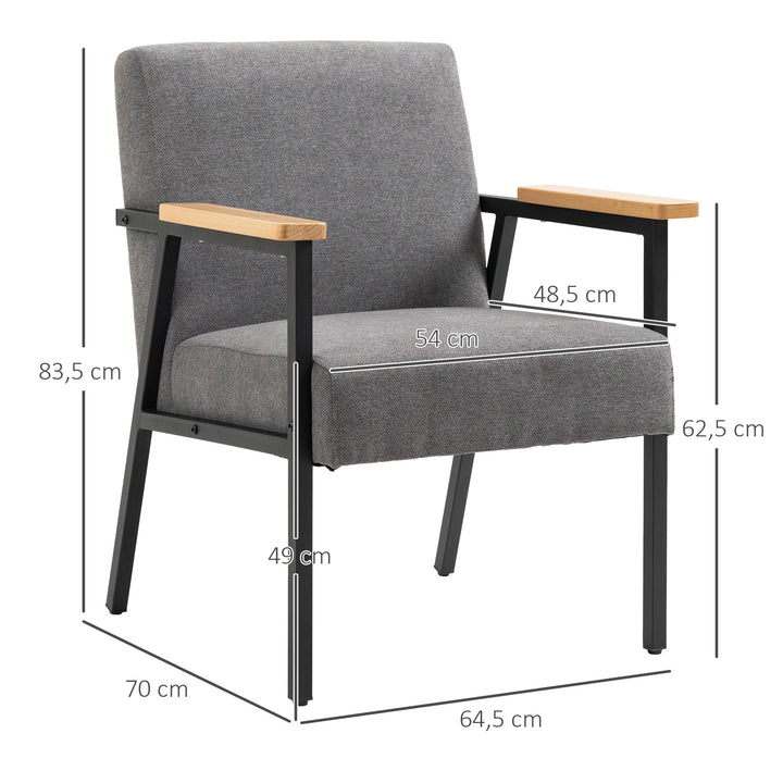 Poltrona de Sala de Estar Poltrona Moderna Estofada em Poliéster com Apoio para os Braços de Madeira e Pés de Aço para Escritório Dormitório 64x5x70x83,5 cm Cinza