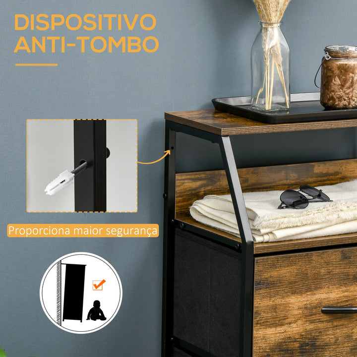 Cómoda com 3 Gavetas de Tecido Dobrável e Prateleira Aberta Móvel de Armazenamento para Escritório Dormitório Estilo Industrial Anti-Tombo 44x29x92cm Marrom Rústico