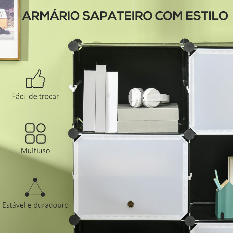 Armário Modular de Plástico Armário Portátil com 12 Cubos Organizadores de Sapatos Roupas Brinquedos para Entrada Corredor Dormitório 125x32x125cm Branco e Preto