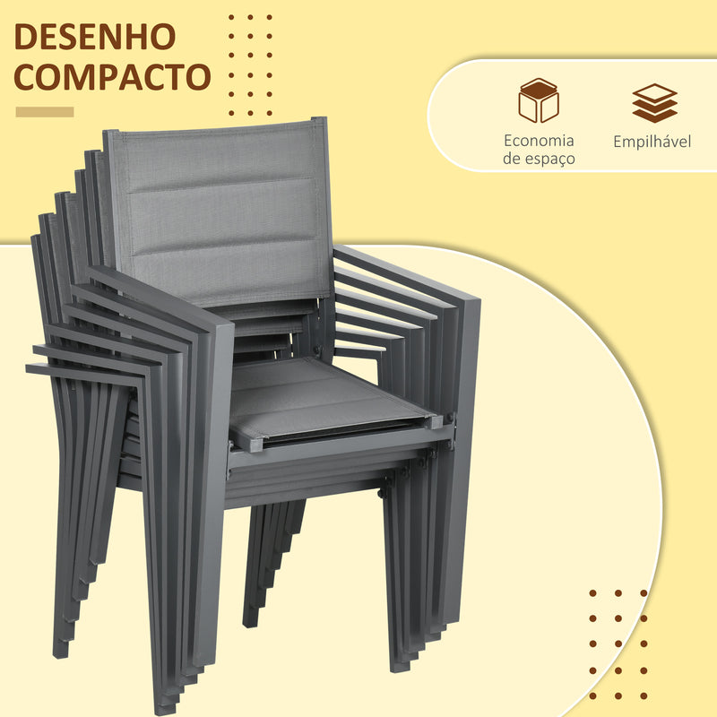 Conjunto de Móveis de Jardim 7 Peças Conjunto de Refeição de Exterior com Mesa Extensível e 6 Cadeiras Empilháveis com Estrutura de Alumínio e Assento de Textilene 90-180x89x74cm Cinza