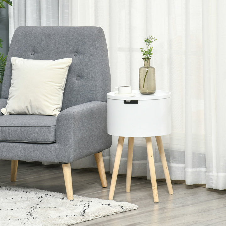 Mesa Auxiliar para Sala de Estar Moderna Mesa de Cabeceira com Tampa Removível Espaço de Armazenamento e Pés de Madeira para Dormitórios Ø38x63cm Branco