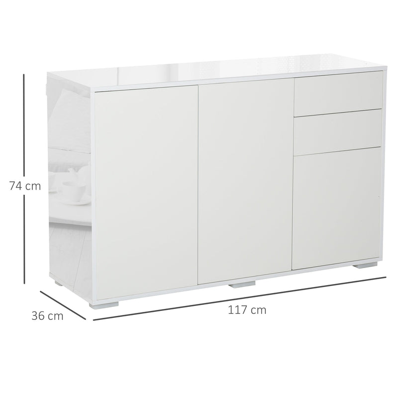 Aparador de Sala de Estar com 3 Portas 2 Gavetas e Prateleira Interior Ajustável Móvel Auxiliar de Armazenamento para Cozinha Dormitório Anti-Rolamento 117x36x74cm Branco