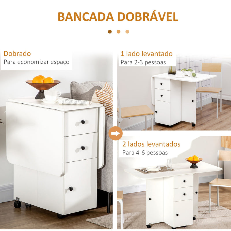 Mesa de Jantar Dobrável com Rodas Mesa Abatível com 2 Gavetas e Armário Mesa Auxiliar Multifuncional para Estúdio Cozinha 120x60x76,5cm Branco