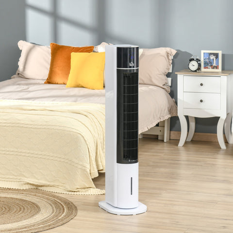 Ventoinha de Torre Oscilante Humidificador com Controle Remoto Tela LED 3 Velocidades 3 Modos e Temporizador 12h 33x26x105cm Branco e Preto