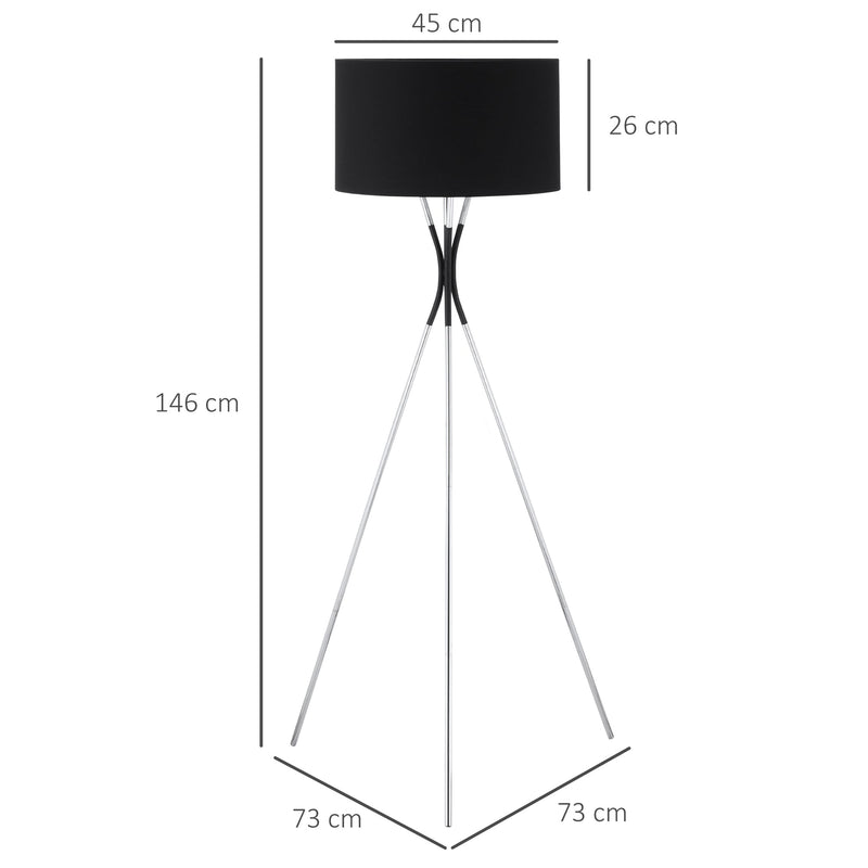 Candeeiro de Pé com Tripé de Metal Ecrã de Tecido Suporte para Lâmpada E27 Máx. 40W e Interruptor de Pé Estilo Moderno para Sala de Estar Dormitório Escritório 73x73x146cm Preto