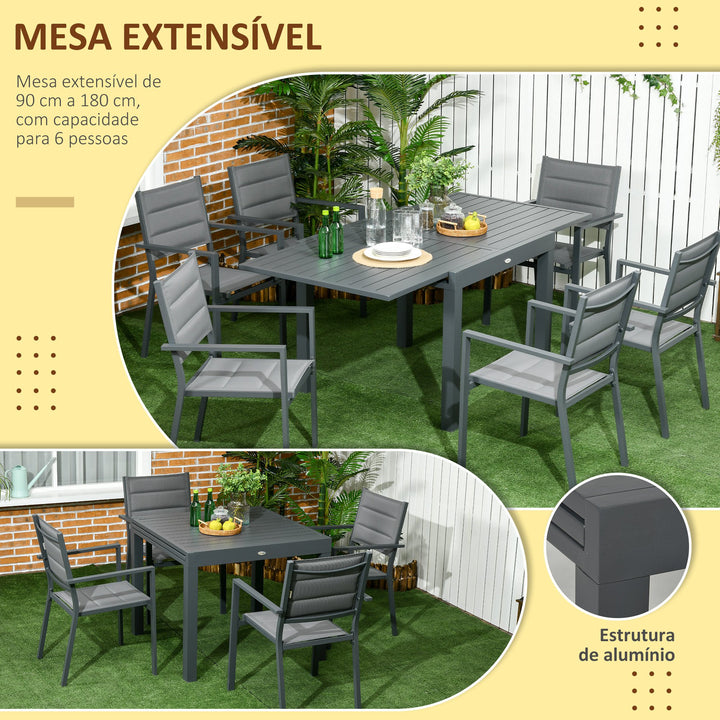 Conjunto de Móveis de Jardim 7 Peças Conjunto de Refeição de Exterior com Mesa Extensível e 6 Cadeiras Empilháveis com Estrutura de Alumínio e Assento de Textilene 90-180x89x74cm Cinza