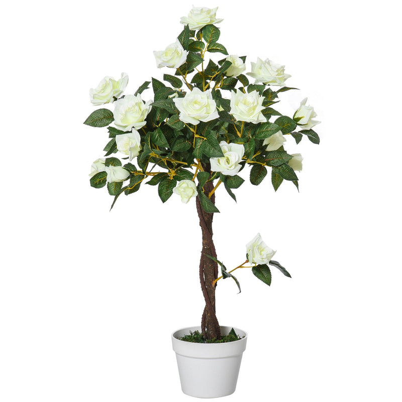 Planta artificial de 90 cm Rosa branca realista com 21 flores e 350 folhas Pote de cimento incluído para interior e exterior