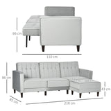 Sofá Cama com Chaise Longue de 3 Lugares Tato Aveludado com Encosto Ajustável e Apoio para os Pés Móvel 218x85x86cm Cinza