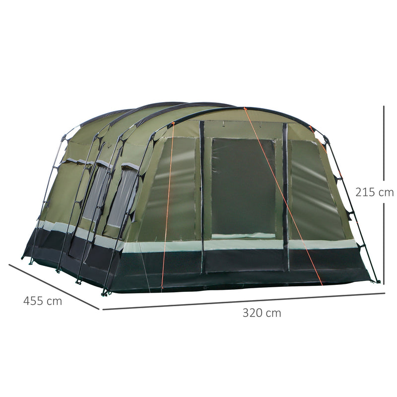 Tenda de Campismo Familiar 6 Pessoas Tenda Campismo Impermeável PU3000mm com 3 Portas 6 Janelas Bolsos de Arrumação e Bolsa de Transporte 455x320x215cm Verde