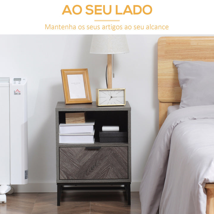 Mesa de Cabeceira com 1 Gaveta Prateleira Aberta e Pés de Aço Mesa de Cabeceira para Dormitório Sala de Estar Escritório Estilo Moderno 40x40x52cm Cinza Escuro