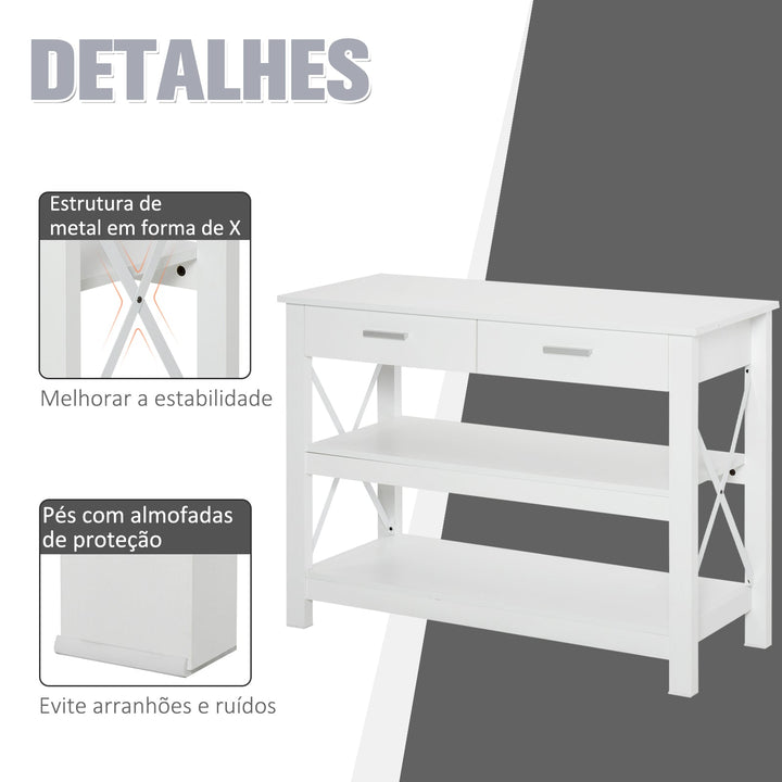 Mesa consola tipo aparador de estilo moderno com 2 gavetas e prateleiras inferiores 105x40x76 cm Branco