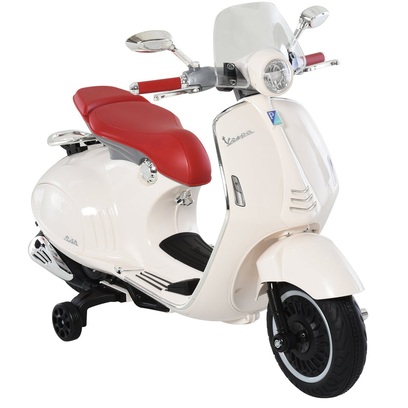 Mota elétrica infantil Vespa para crianças acima de 3 Anos com Faróis Música 2 Rodas Auxiliares 108x49x75 cm Branco