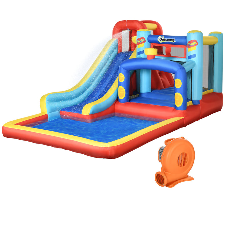 Castelo Insuflável com Inflador Castelo Insuflável para Crianças de 3-8 Anos com Escorrega Trampolim Piscina Bolsa de Transporte para Interior Exterior 435x245x200cm Multicolorido