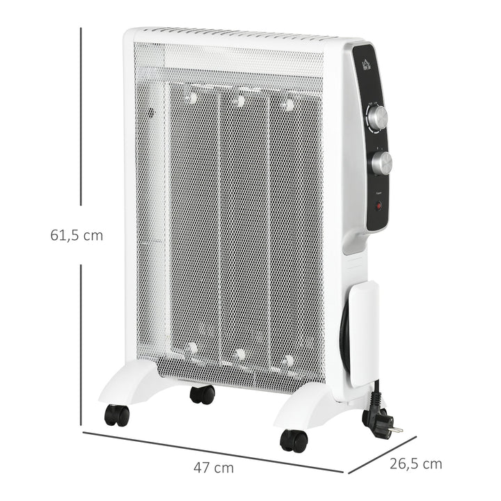 Aquecedor Elétrico 750W/1500W Aquecedor de Mica com Ecrã LED Controlo Remoto Termostato Temporizador e 4 Rodas para Área 15-18 m² 47x26,5x61,5cm Branco