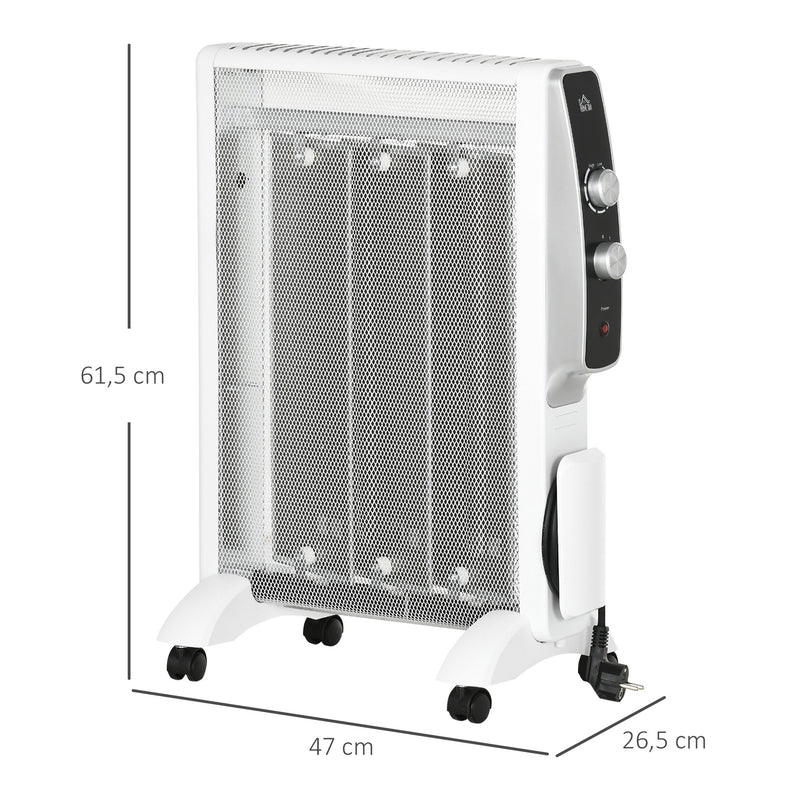 Aquecedor Elétrico 750W/1500W Aquecedor de Mica com Ecrã LED Controlo Remoto Termostato Temporizador e 4 Rodas para Área 15-18 m² 47x26,5x61,5cm Branco