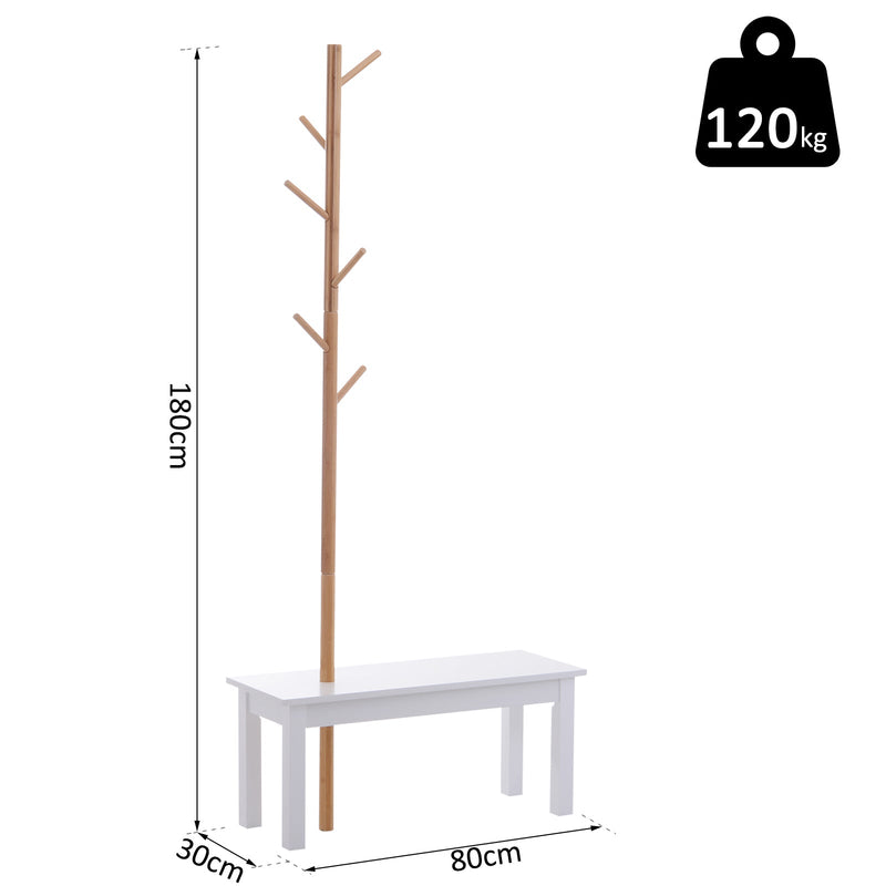 Cabide de Pé com Banco Pendurador Tipo Árvore Moderno 6 Ganchos para Pendurar Roupa Malas Corredor Entrada Bambu e MDF 80x30x180cm