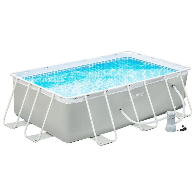 Piscina Desmontável Tubular 340x215x80cm Piscina Retangular de Exterior com Purificador 4.000L/H Mangueiras de Comprimento 100cm e Estrutura de Aço Cinza