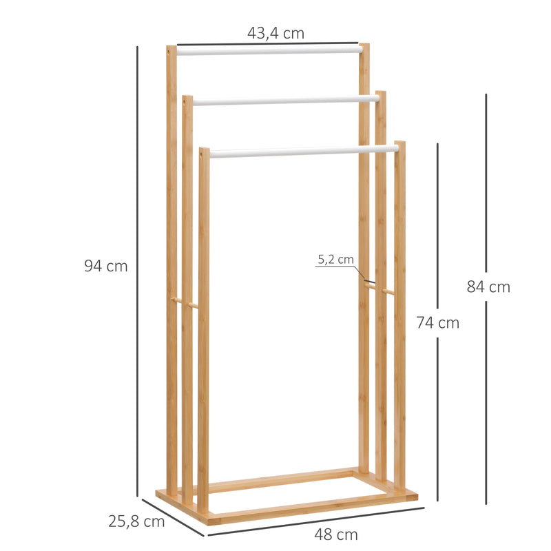 Toalheiro de Pé de Bambu com 3 Barras Toalheiro Independente de 3 Níveis para Casa de Banho 48x25,8x94cm Madeira