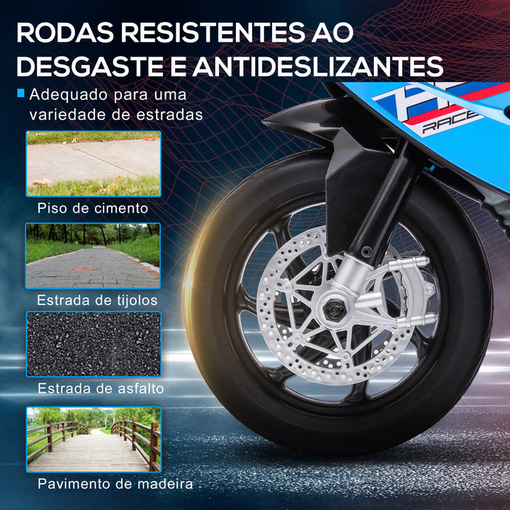 Mota Elétrica BMW HP4 para Crianças Acima de 18 Meses Mota de Bateria 6V com Música USB Velocidade 2,5km/h Avance e Retrocesso Carga Máxima 30kg 82,5x42x54cm Azul