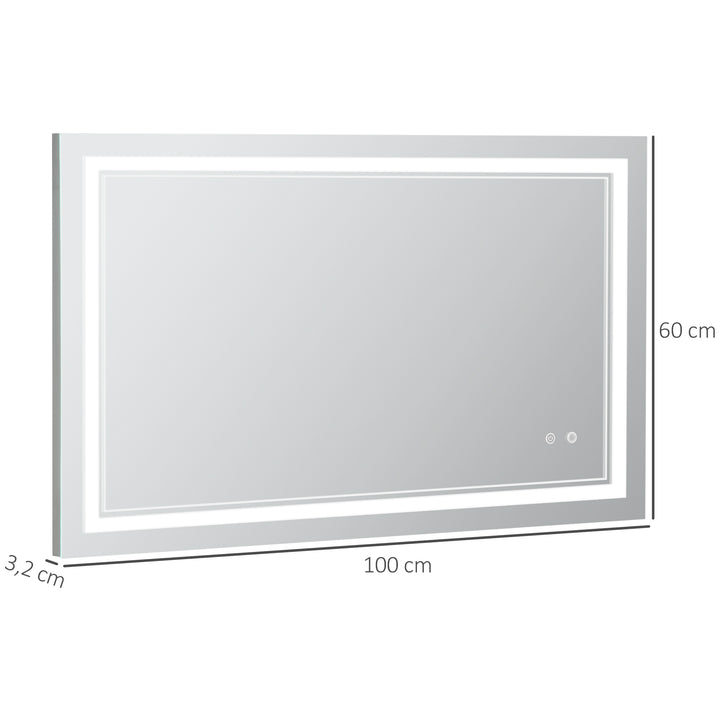 Espelho Casa de Banho com Luz LED 100x60cm Espelho de Parede com Interruptor Tátil 3 Luzes Ajustáveis Função de Memória e Estrutura de Alumínio Espelho Suspenso em 2 Formas Prata