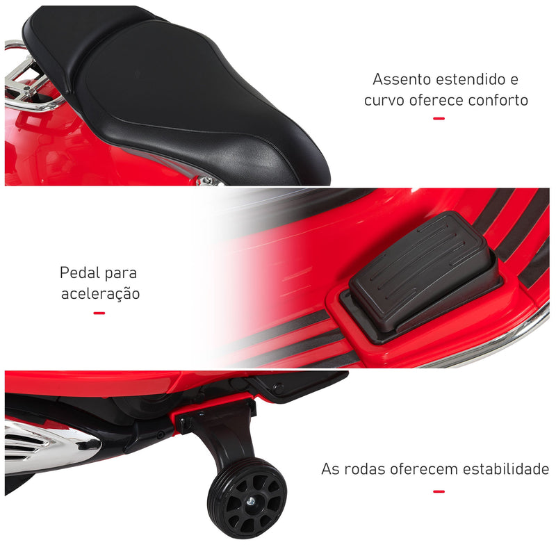 Mota elétrica Vespa para crianças acima de 3 Anos com Faróis Música 2 Rodas Auxiliares 108x49x75 cm Vermelho