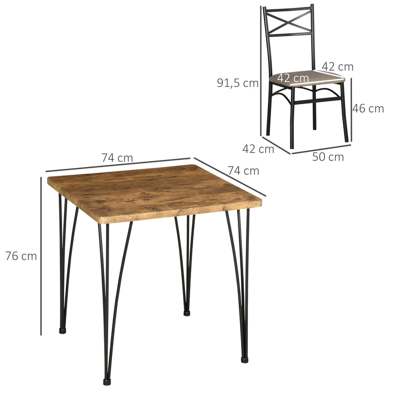 Conjunto de Sala de Jantar 3 Peças Conjunto 1 Mesa 74x74x76cm e 2 Cadeiras 42x50x91,5cm com Pés de Aço Estilo Moderno para Cozinha Marrom e Preto