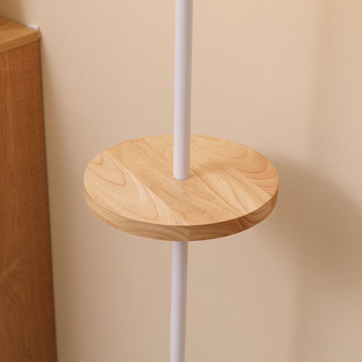 Candeeiro de Pé com Prateleira de Madeira Ecrã de Tecido Suporte para Lâmpada E27 Máx. 40W com Interruptor de Pé Moderno para Sala de Estar Dormitório Estúdio Ø35x155cm Branco