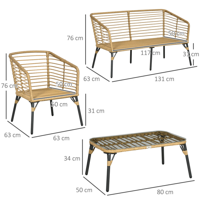 Conjunto de Móveis de Vime para 4 Pessoas Móveis de Jardim de 4 Peças com Sofá de 2 Lugares 2 Poltronas Mesa de Centro e 4 Almofadas para Varanda Pátio Marrom Claro e Cinza Escuro