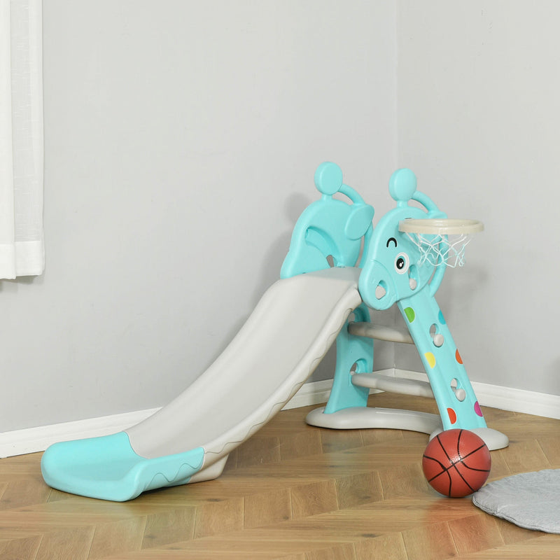 Escorrega Infantil Dobrável com Cesta de Basquetebol para Crianças acima de 18 meses Modelo Girafa para Interiores e Exteriores 140x87x75cm Azul e Cinza