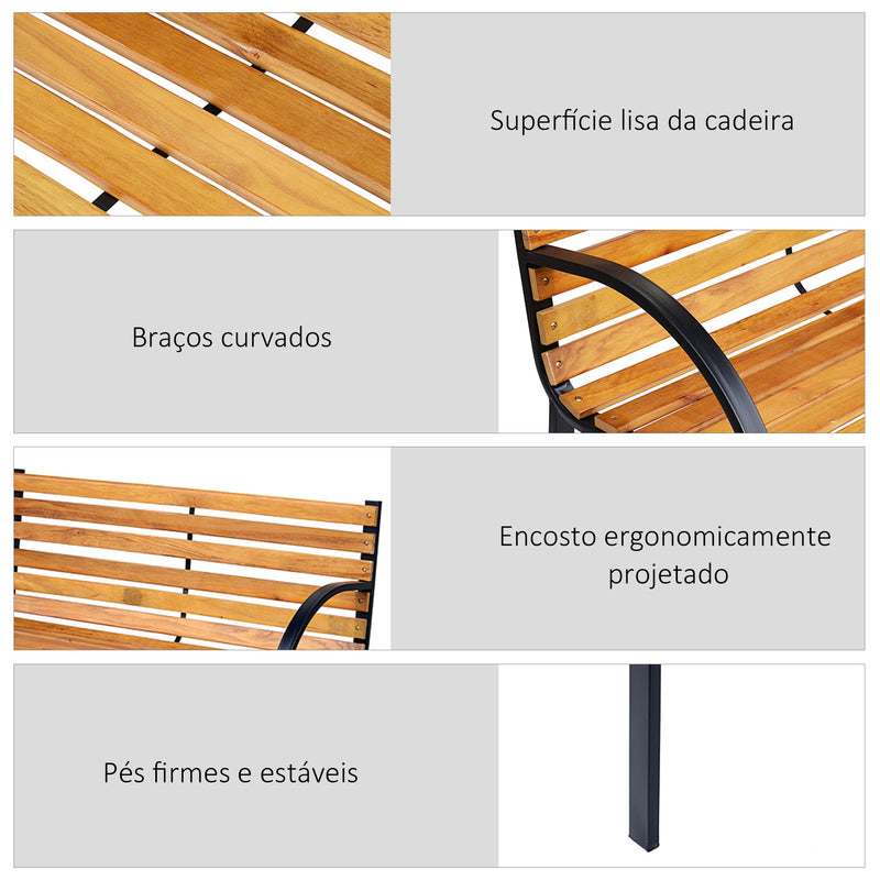 Banco de jardim 2 lugares com encosto e apoios de braços Ripas de madeira e estrutura de aço Carga 230 kg 122x60x80 cm Cor natural e preto