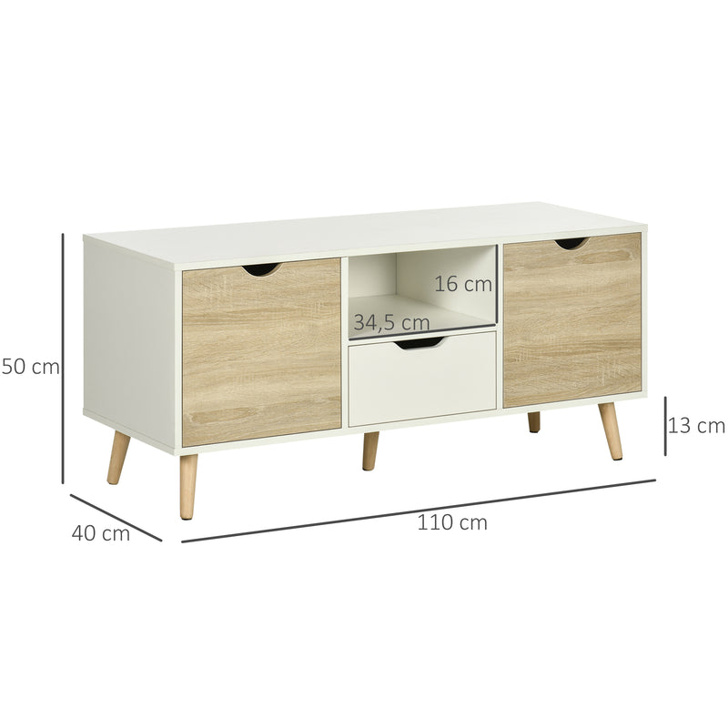 Móvel de TV com Gaveta 2 Portas e Prateleira Mesa de TV para Televisores de até 50 Polegadas Aparador de Sala de Estar 110x40x50cm Branco e Madeira