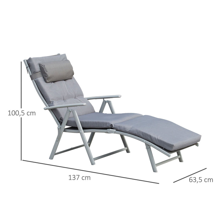 Espreguiçadeira Dobrável de Jardim com Encosto Ajustável em 7 Posições Almofada e Apoio para a Cabeça Acolchoados para Terraço Piscina Exterior Carga Máxima 165kg 137x63,5x100,5cm Cinza