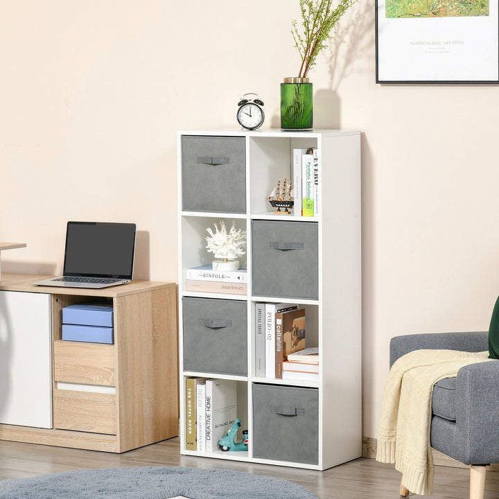 Estante para Livros de 8 Cubos Estante Modular com 4 Cestos Removíveis de TNT para Escritório Estúdio Dormitório 61,5x30x121,6cm Branco e Cinza
