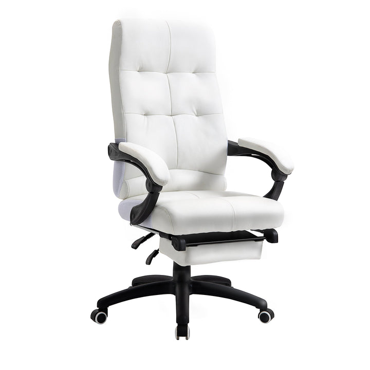 Cadeira de escritório ergonômica giratória com função de inclinação altura ajustável Apoio de braço e apoio para os pés em couro sintético 65x65x114-124 cm Branco