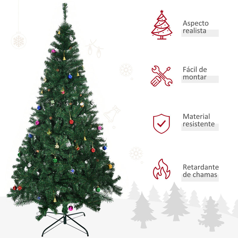 Árvore de Natal Artificial 210cm Ignífugo com 1036 Ramos 53 Decorações Folhas de PVC e Suporte Metálico Decoração de Natal para Interior Verde