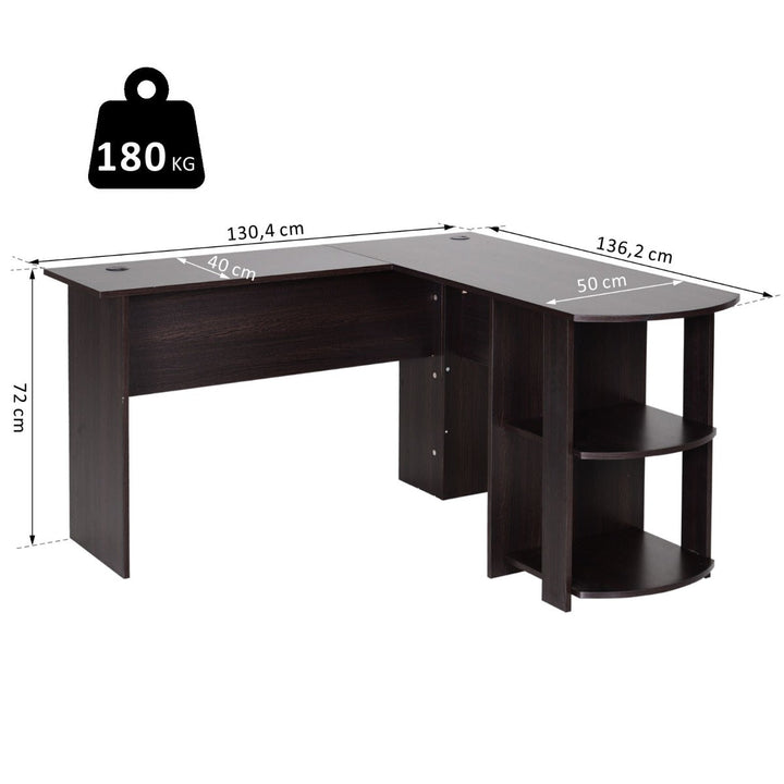 Mesa de Computador PC Escritório para Oficina Casa Tipo Esquineira Forma L com Estantes - Marrom Escuro - 136,2x130,4x72cm