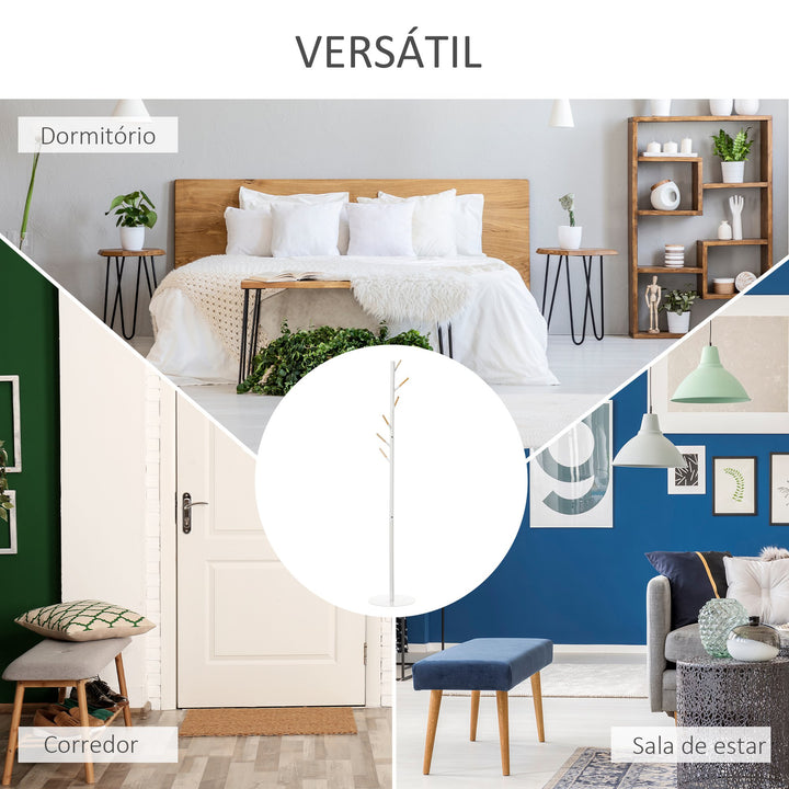 Cabide de Pé de Madeira Cabide de Pé com 6 Ganchos para Roupa Bolsas e Estrutura de Metal para Sala de Estar Entrada Dormitório 35x35x174cm Branco e Madeira