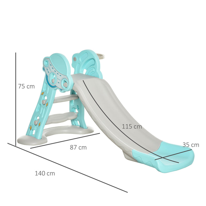Escorrega Infantil Dobrável com Cesta de Basquetebol para Crianças acima de 18 meses Modelo Disco Voador para Interiores e Exteriores 140x87x75cm Azul e Cinza