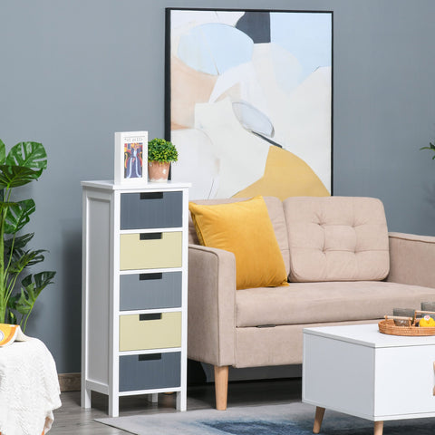 Cómoda de Madeira com 5 Gavetas Cómoda Auxiliar de Armazenamento com Pés Elevados Estilo Moderno para Dormitório Sala de Estar Casa de Banho 35x28x90,5cm Multicor