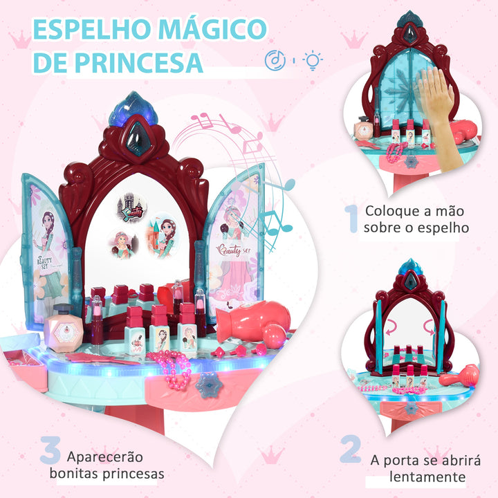 Toucador Infantil para Crianças acima de 3 Anos com Banco Espelho Luz Música e Secador Inclui 31 Acessórios Toucador de Maquilhagem 57x34x73cm Multicor