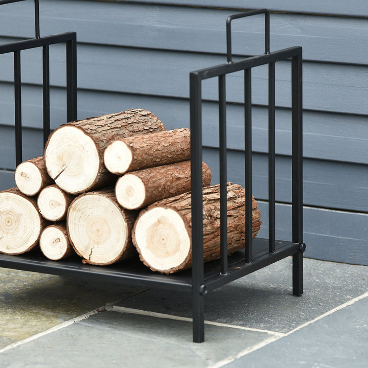 Prateleira de lenha para lareira tradicional Armazenamento de madeira com alças 44,5x33x46,5 cm Preto