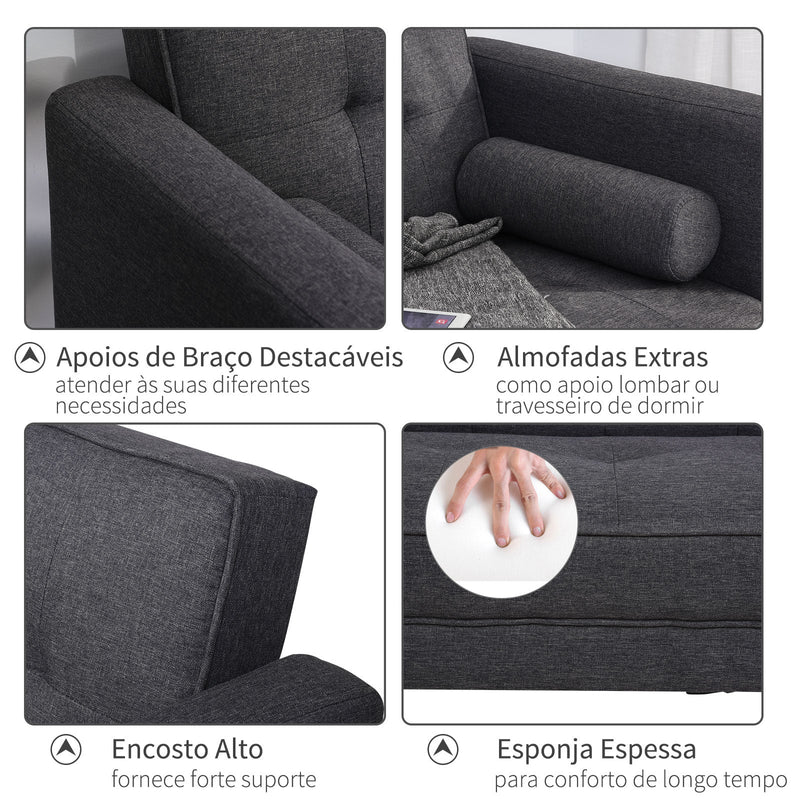 Sofá- cama 3 lugares com apoio de braços Pernas levantadas 187x90x86.5 Cinza