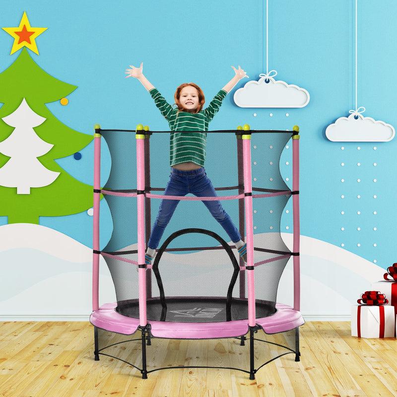 Trampolim para Crianças acima de 3 Anos Cama Elástica Infantil com Rede de Segurança e Estrutura de Aço para Interiores e Exteriores Carga 45kg 140x140x160cm Rosa