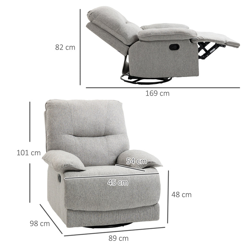 Poltrona Reclinável de Sala de Estar Poltrona Relax Reclinável Manual Estofado em Tecido com Apoio para os Pés Carga 160 kg para Pessoas entre 150-190 cm 89x98x101 cm Cinza