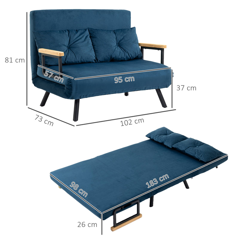 Sofá Cama Sofá Convertível em Cama de 2 Lugares Dobrável com Encosto Ajustável em 5 Níveis e 2 Almofadas Acolchoadas para Escritório Dormitório Sala de Estar 102x73x81 cm Azul