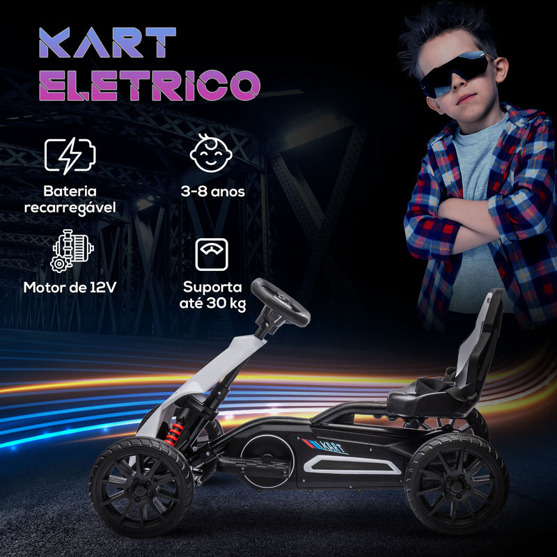 Go Kart Carro Elétrico para Crianças de 3 a 8 Anos Kart a Bateria 12V Velocidade Ajustável 3-5 km/h e Cinto de Segurança Carga 30 kg para Exterior 100x58x58,5 cm Branco